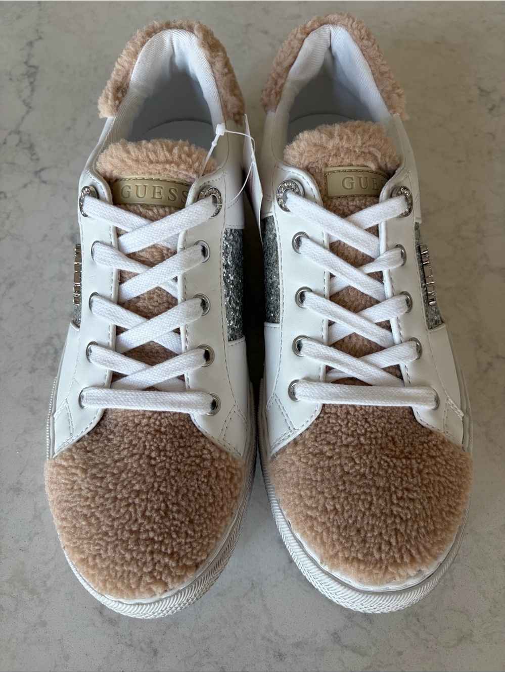 GUESS White and Tan Sherpa Sneakers with Silver Glitter Side Panels size 8.5